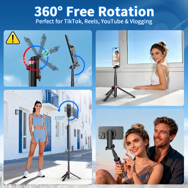 Kinwald 57" MagSafe Compatible Phone Tripod with Remote, Strong Magnetic Selfie Stick, Secure & Portable Tripod for iPhone Android, Travel Video Recording & Vlog (Black) - Image 3